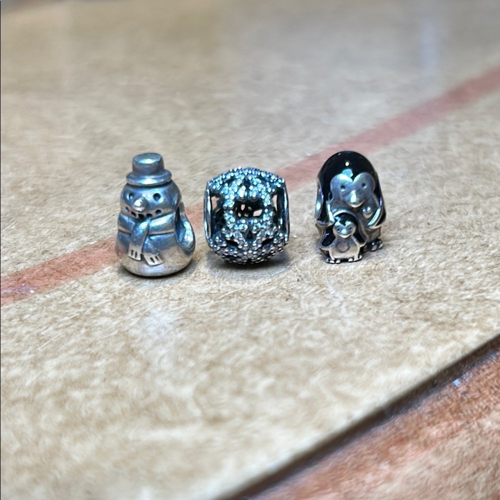 Authentic Pandora Set of 3 Holiday Charms – Silver & Sparkly Snowman Penguin